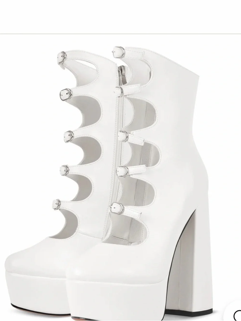 White Platform Ankle Boots with Scalloped Buckle Straps